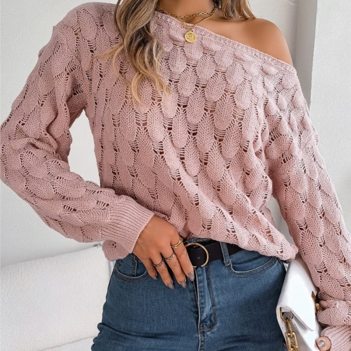 Woman Leisure Feather Hollow Out One Line Neck Off Shoulder  Loose Fashion Sweater