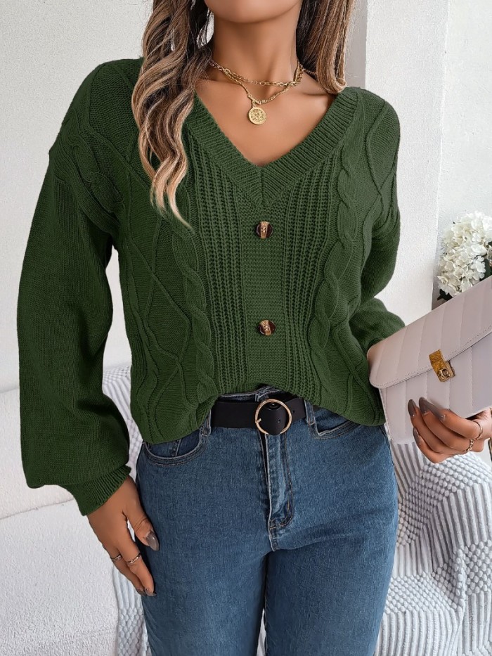 Casual Loose Twists Knit Pullover Solid V-neck Button Full Lantern Sleeve Sweater
