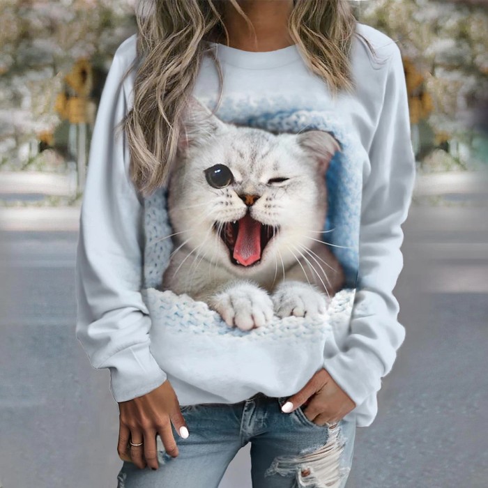 Women's Sweater PulloveFashion Kitten Print Long Sleeve Casua O-Neck Sweatershirt