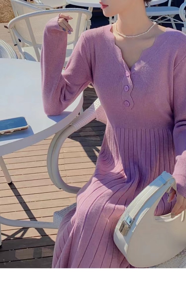 Women's Casual Fashion Knitted Flare Swing V-Neck Elegant Sweater Midi Dress
