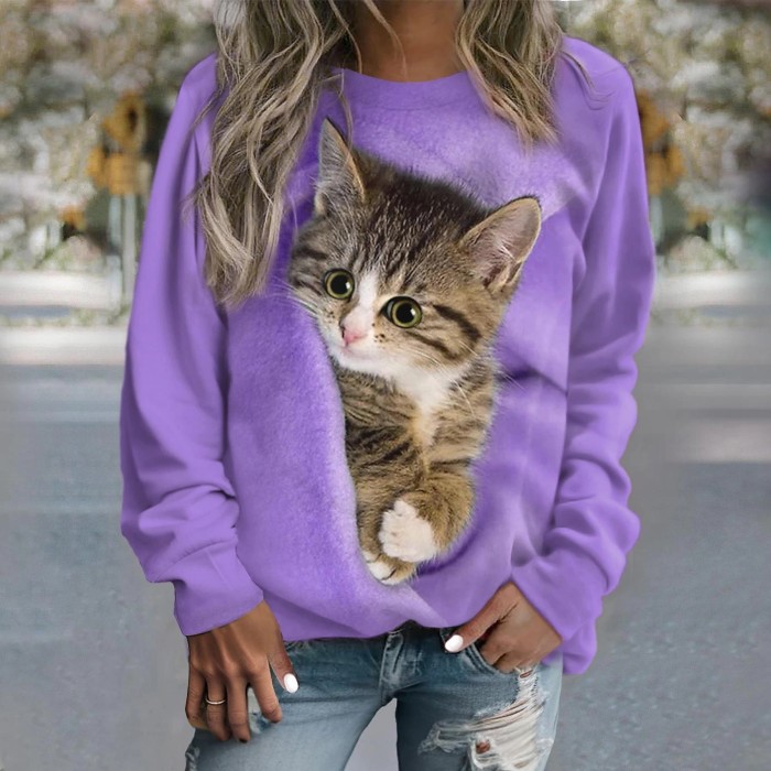 Women's Sweater PulloveFashion Kitten Print Long Sleeve Casua O-Neck Sweatershirt
