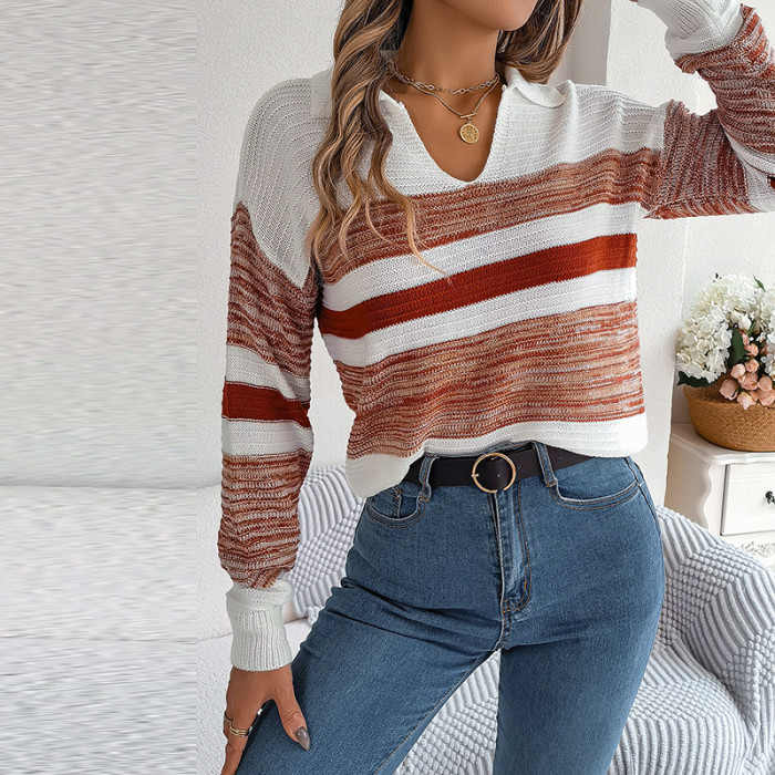 Women Casual Polo Collar Contrast Stripe Long Sleeve Knit Pullover Sweater