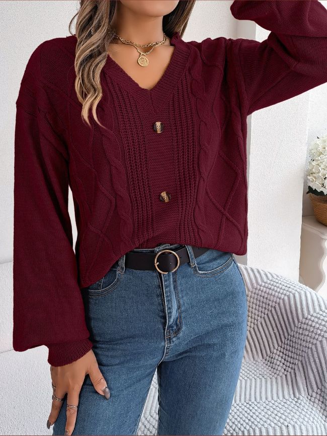 V-Neck Knitted Lantern Sleeve Pullover main image 0