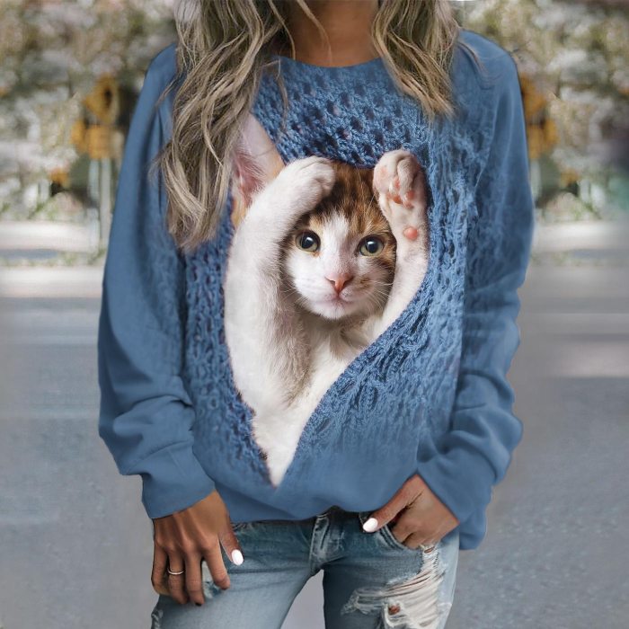 Women's Sweater PulloveFashion Kitten Print Long Sleeve Casua O-Neck Sweatershirt