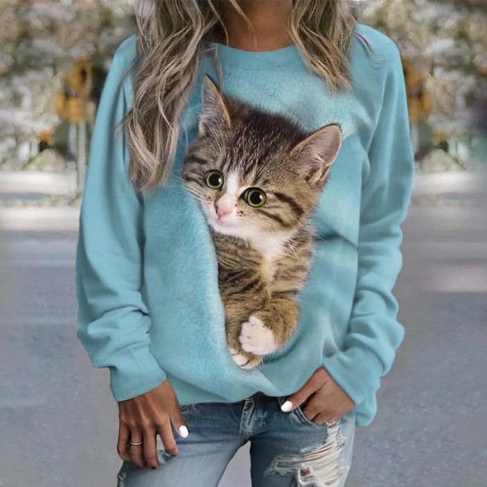 Women's Sweater PulloveFashion Kitten Print Long Sleeve Casua O-Neck Sweatershirt