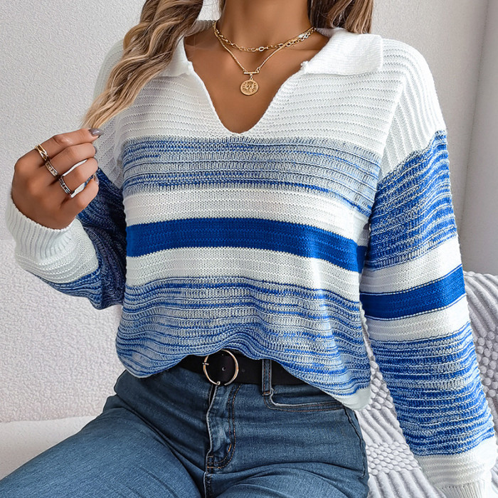 Women Casual Polo Collar Contrast Stripe Long Sleeve Knit Pullover Sweater