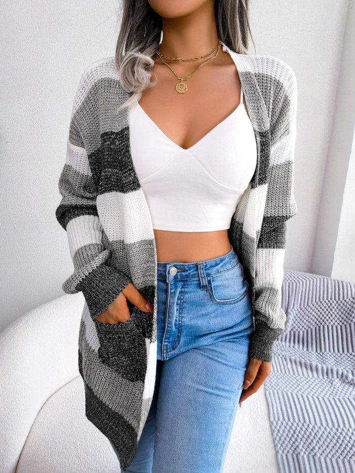 Women Casual Long Sleeve Striped Knitted Sweater Cardigan For Autumn Winter