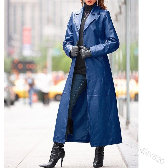 Women's Lapel Beltless Leather Coat Long Coat Slim Slim Leather Trench Coat