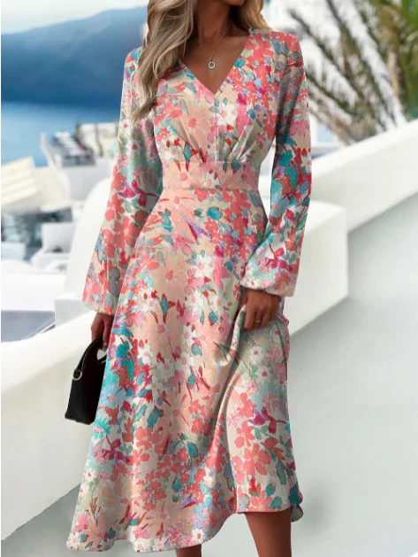 Women's Fit Fashion Printed V-Neck Long Sleeve Midi Dress