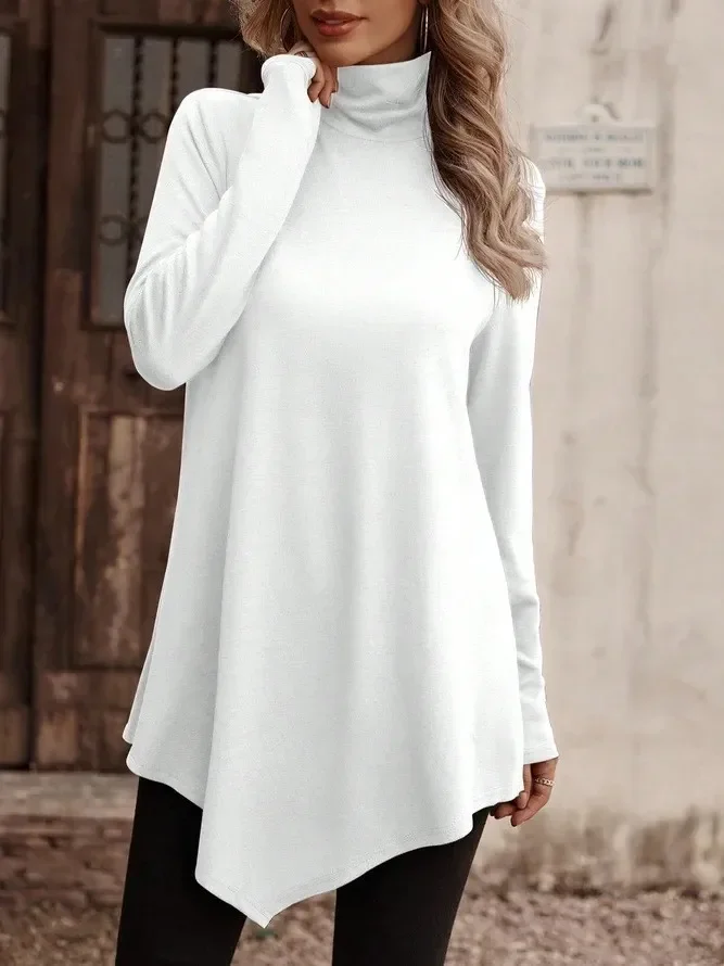 Women's Tops Casual High Neck Loose Large Size Solid Color  T-Shirts