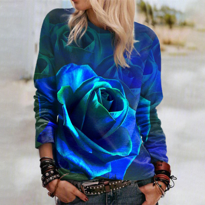 Women's Long Sleeve Elastic Top Rose 3d Printing High-definition Pattern Casual Sweatshirts