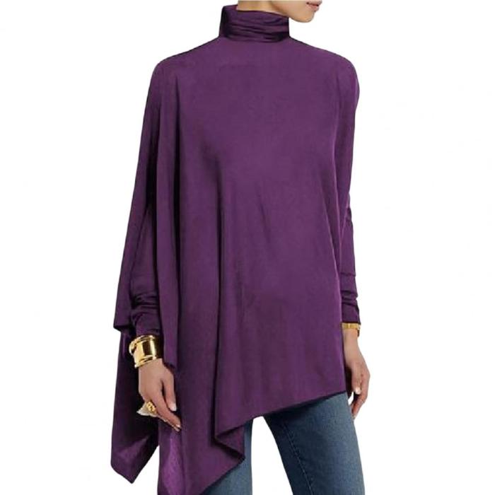 Women's Fashionable High Neck Bat Sleeve T-Shirt Irregular Top Blouses