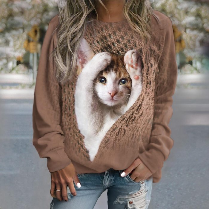 Women's Sweater PulloveFashion Kitten Print Long Sleeve Casua O-Neck Sweatershirt