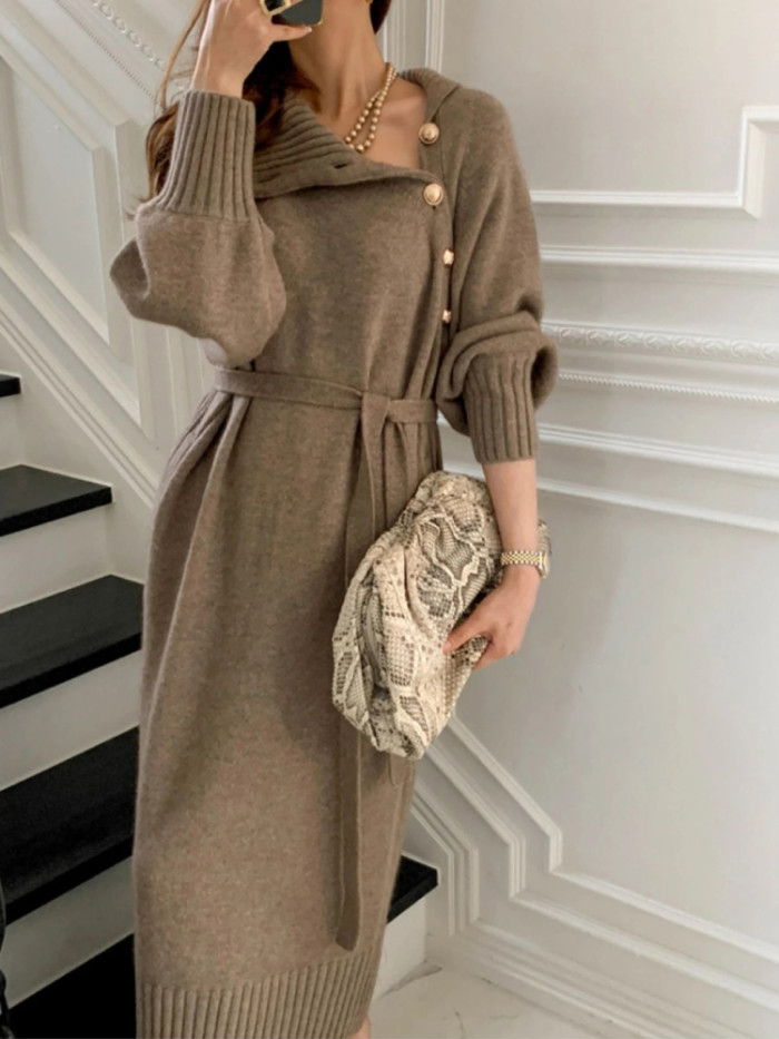 Women's Retro High Neck Fashion Casual Loose Warm Knitted Dress