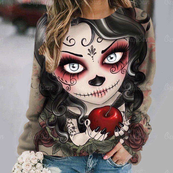 Women's Sweater 3D Skull Print Long Sleeve Retro Pullover Casual O Neck Sweatshirts