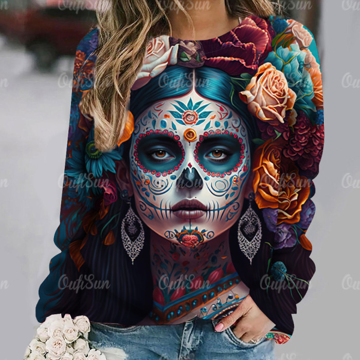 Women's Sweater 3D Skull Print Long Sleeve Retro Pullover Casual O Neck Sweatshirts