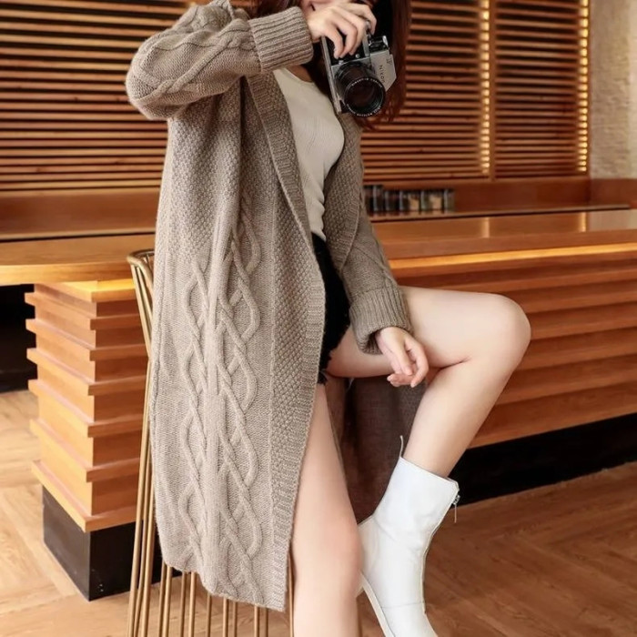Women Sweater Midi Cardigans Knitted Jackets Loose Oversized Casual Hooded Coats