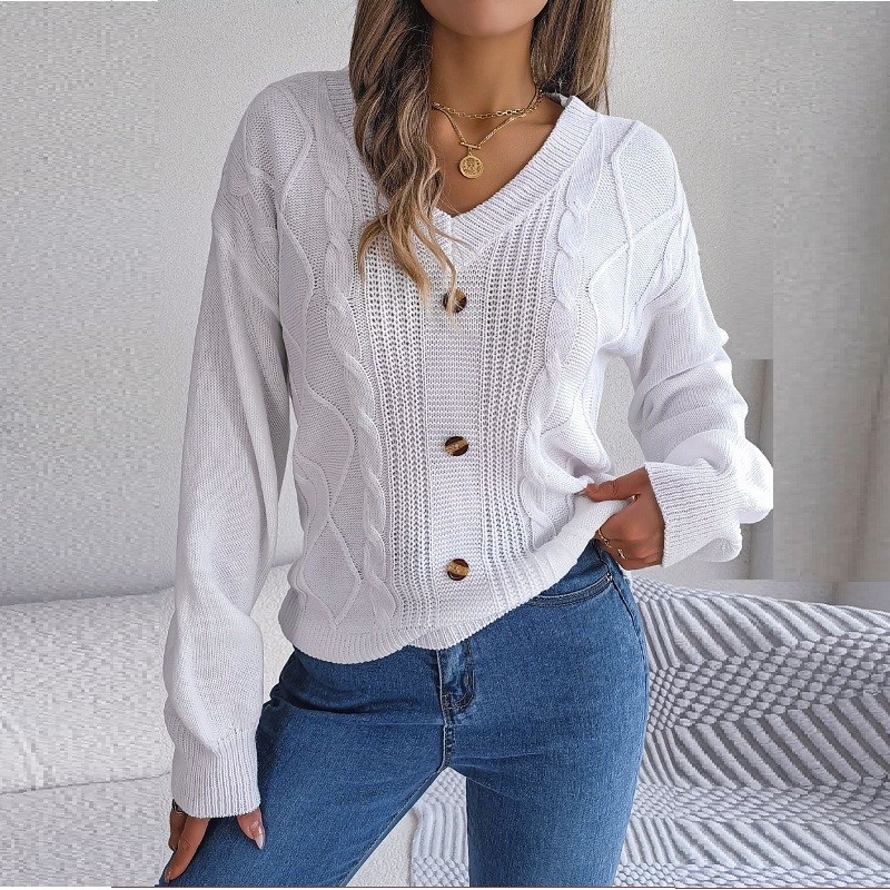Casual Loose Twists Knit Pullover Solid V-neck Button Full Lantern Sleeve Sweater
