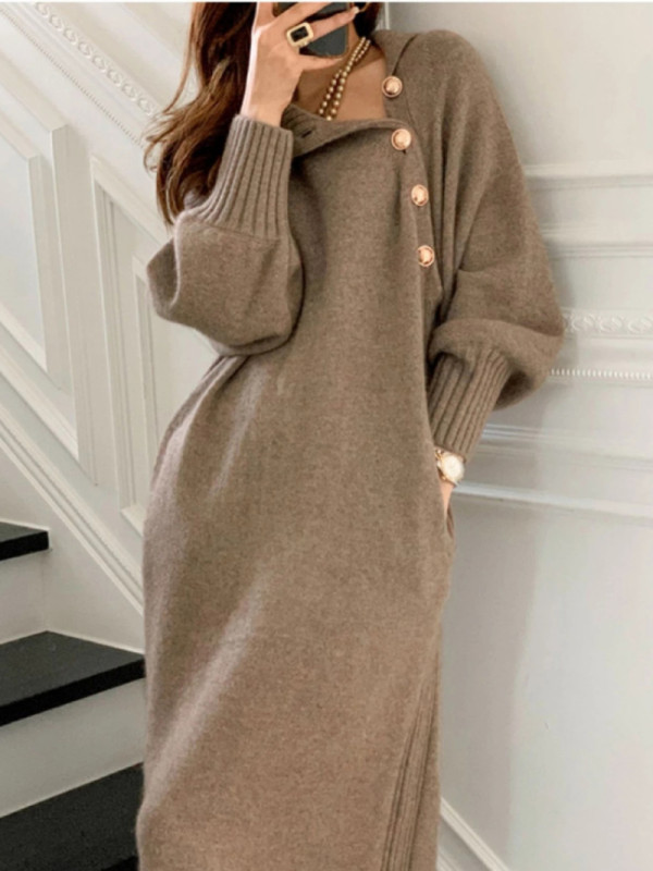 Women's Retro High Neck Fashion Casual Loose Warm Knitted Dress