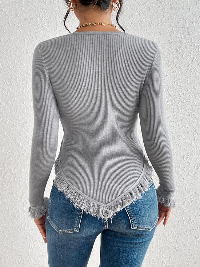 Women's Elegant Tassel Fashionable Knitted Top Casual Crew Neck Sweater