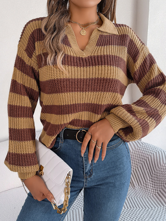 V-neck Casual Lapel Color Contrast Striped Long Sleeve Knitted Pullover Sweater Women