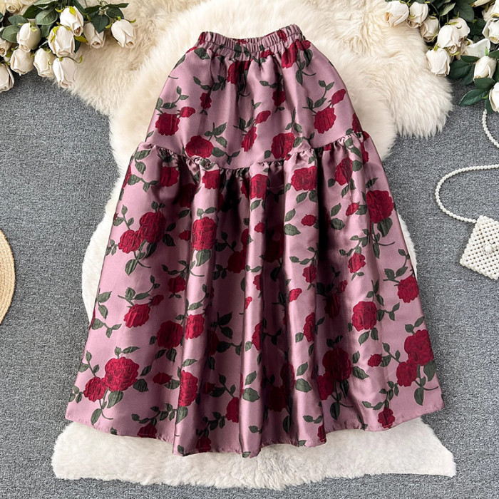 Vintage Jacquard  Aesthetic Floral Elegant A Line High Waist Midi Tutu Skirt