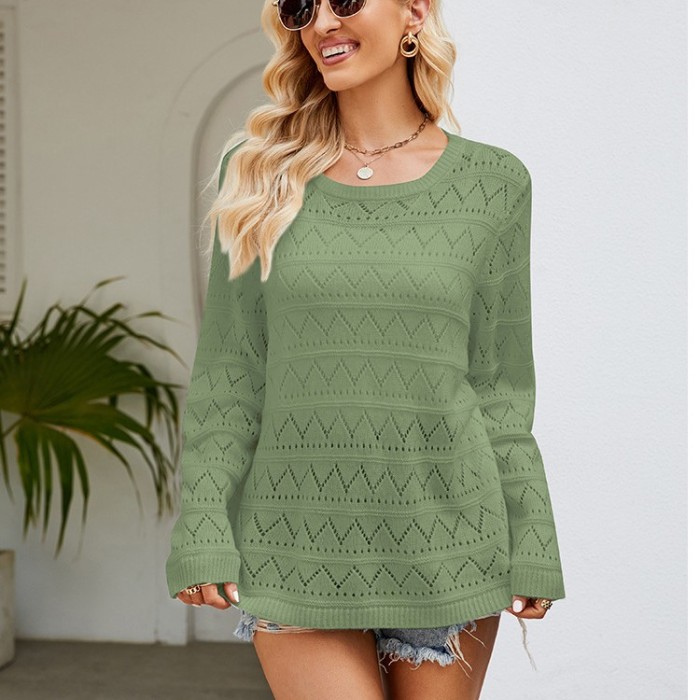 Women's Sweater Fashion Hollow Out Knit Tops Loose Round Neck Sweater