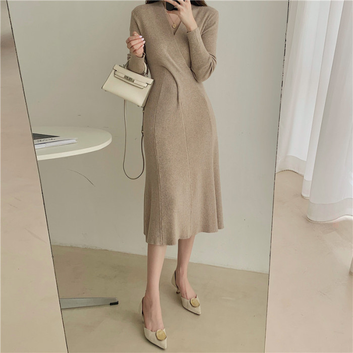 Solid V-Neck Sweater Knitted Vintage Bodycon Dresses Elegant Thick Warm  Midi Dress
