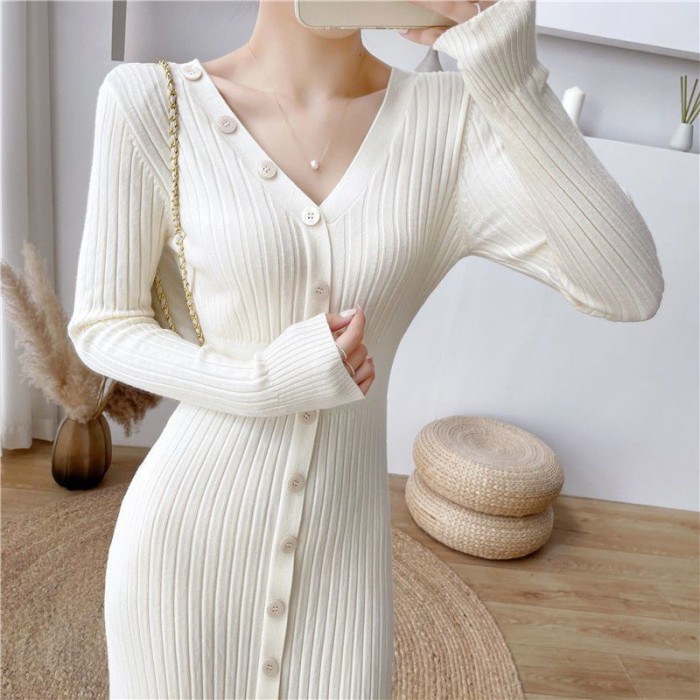 Elegant Knitted Chic Buttons Slim Fit V Neck Party Midi Dresses