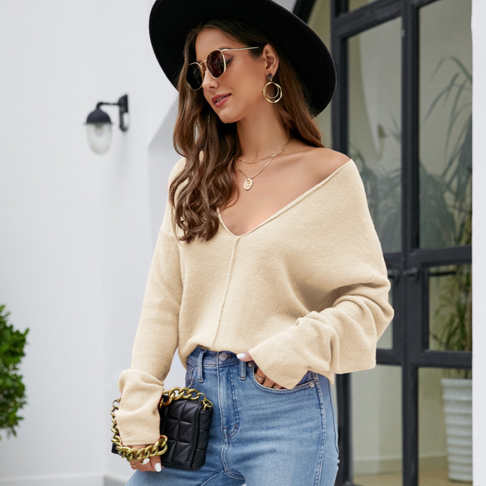 Women V Neck Pullover  Elegant Loose Long Sleeve Warm Knit Tops Sweaters