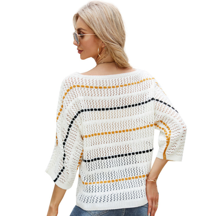 Women's Knitted Crop Tops Thin Loose  Slash-Neck Blouse Hollow Knitted Sweater