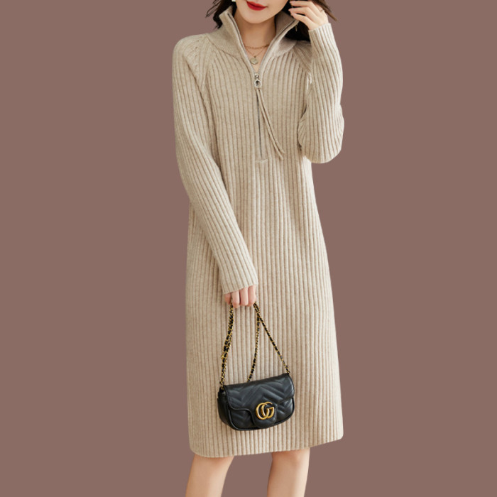 Solid Knitted Stand Collar Fashion Loose Thick Elegant  Sweater Dress