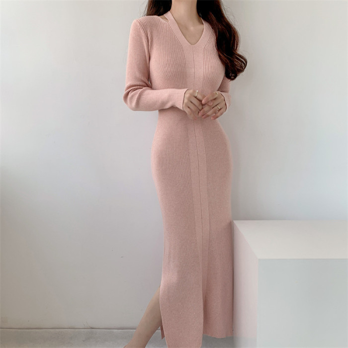 V Neck Solid Korean Fashion Elegant  Knitted Sweet  Sweater Dresses