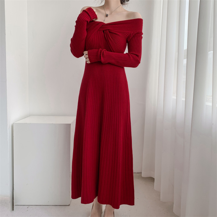 Women's Fashionable Elegant Knitted Party V-neck Solid Color One-Shoulder Maxi Dress