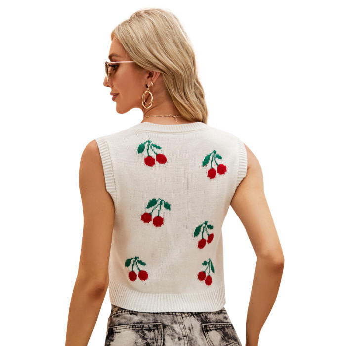 Women's Fashion Short Sweater Cherry Jacquard Loose Sweater Sleeveless Knitted Vest