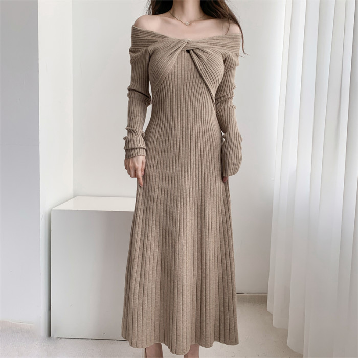 Women's Fashionable Elegant Knitted Party V-neck Solid Color One-Shoulder Maxi Dress