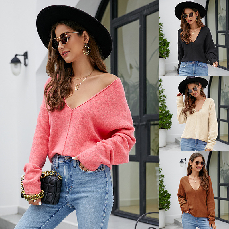 Women V Neck Pullover  Elegant Loose Long Sleeve Warm Knit Tops Sweaters