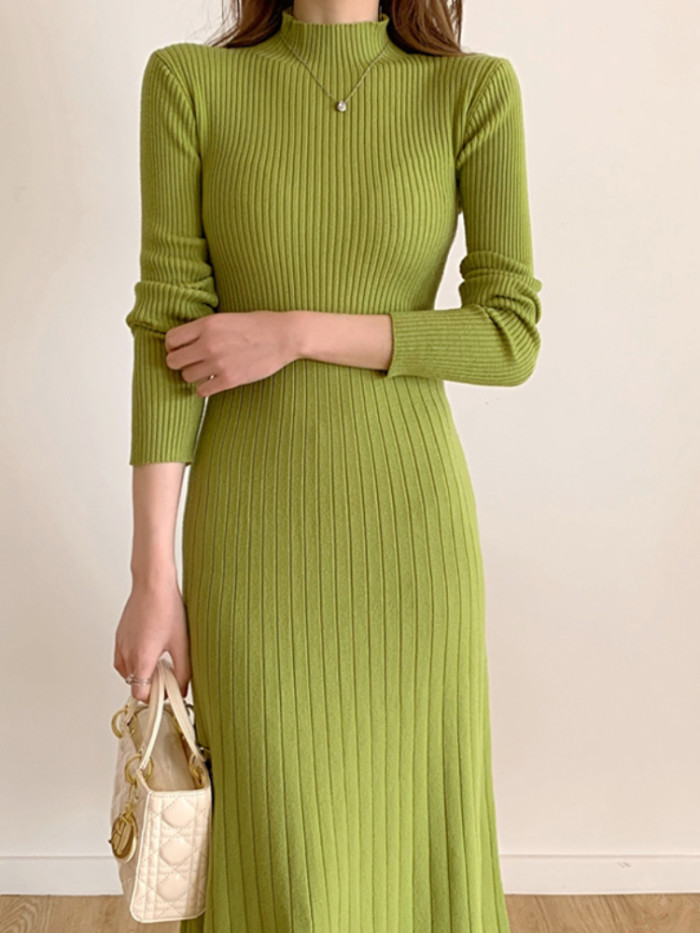 Women's Fashion Party Knitted Half Turtle Neck Elegant Knitted Sweater Maxi Dress
