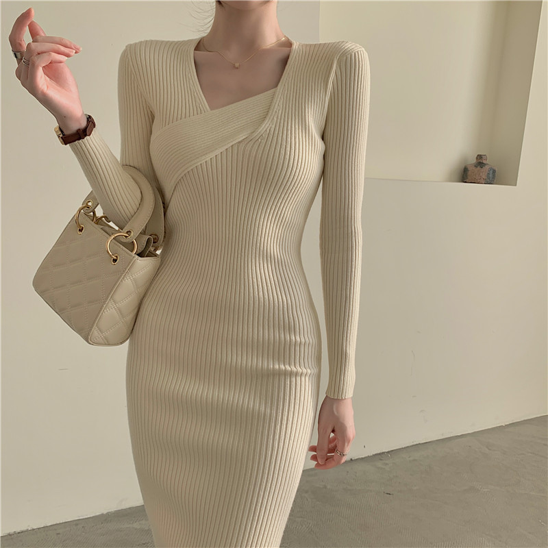 Elegant Split A-line Women Knitted Solid O-Neck Bodycon Dress