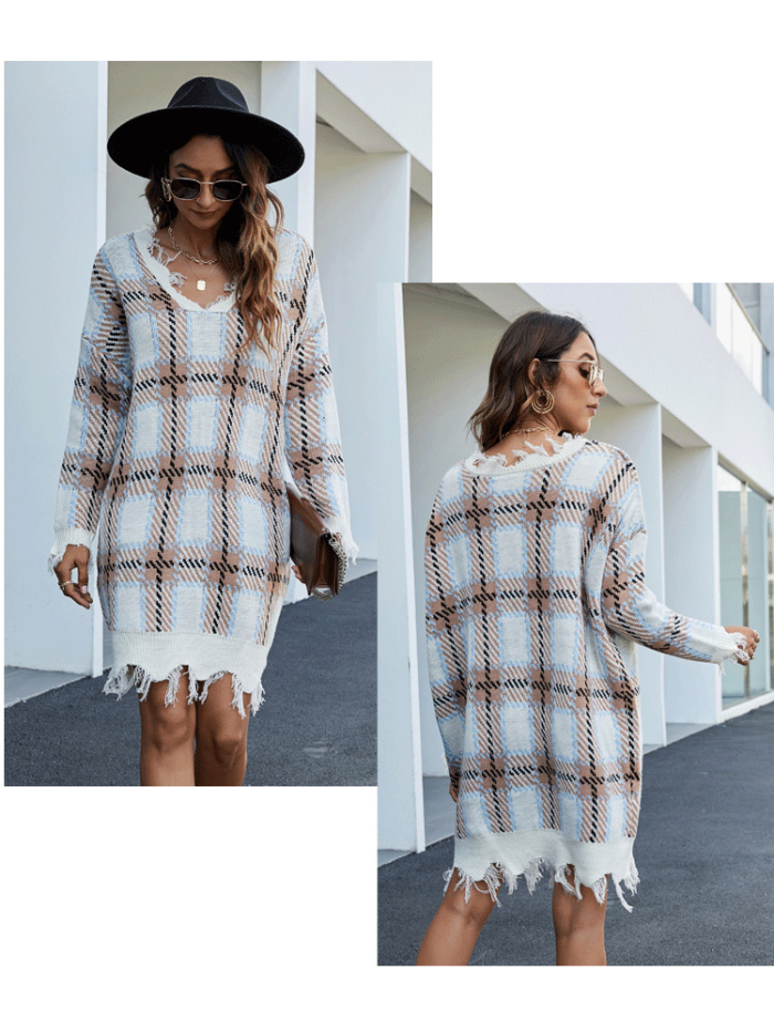 Tassel Pullover Sweaters Vintage V-Neck Plaid Bottom Long Sleeve  Casual Knitted Dress