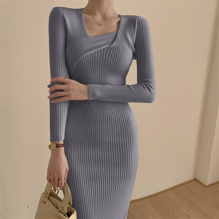 Elegant Split A-line Women Knitted Solid O-Neck Bodycon Dress