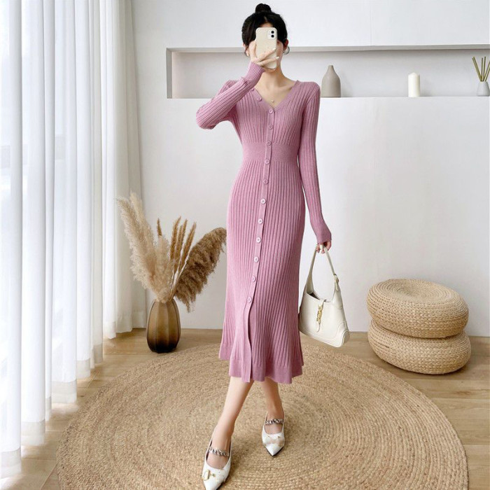 Elegant Knitted Chic Buttons Slim Fit V Neck Party Midi Dresses