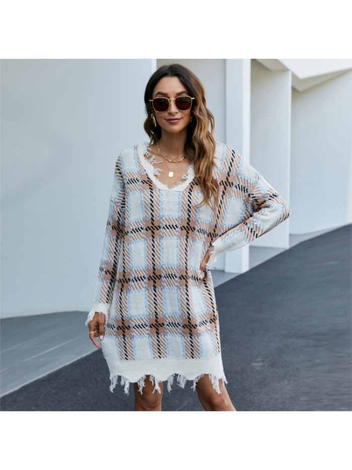 Tassel Pullover Sweaters Vintage V-Neck Plaid Bottom Long Sleeve  Casual Knitted Dress
