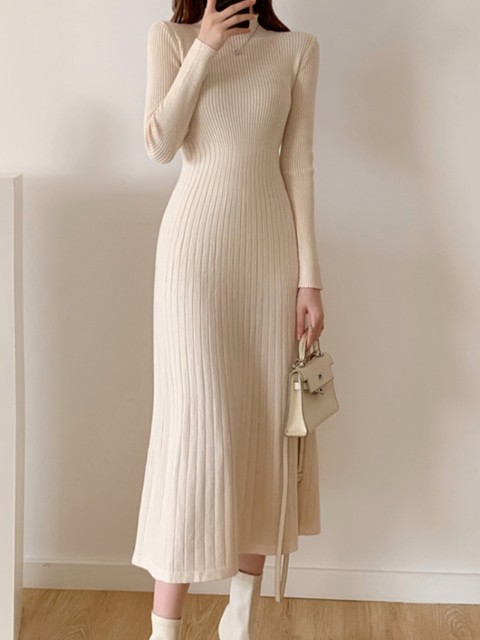 Women's Fashion Party Knitted Half Turtle Neck Elegant Knitted Sweater Maxi Dress