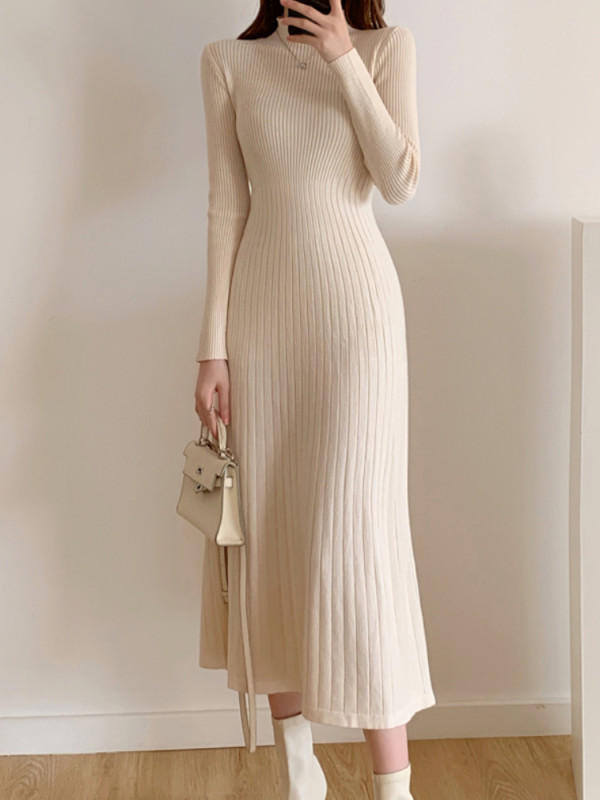 Women's Fashion Party Knitted Half Turtle Neck Elegant Knitted Sweater Maxi Dress