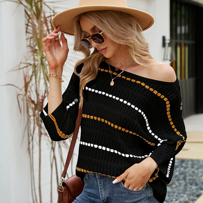 Women's Knitted Crop Tops Thin Loose  Slash-Neck Blouse Hollow Knitted Sweater