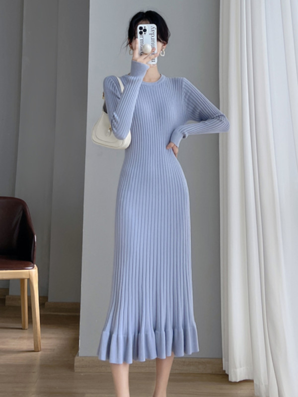 Thick Mermaid O-Neck Elegant Casuals A-line Slim Sexy Knitting Long Sweater Maxi Dress