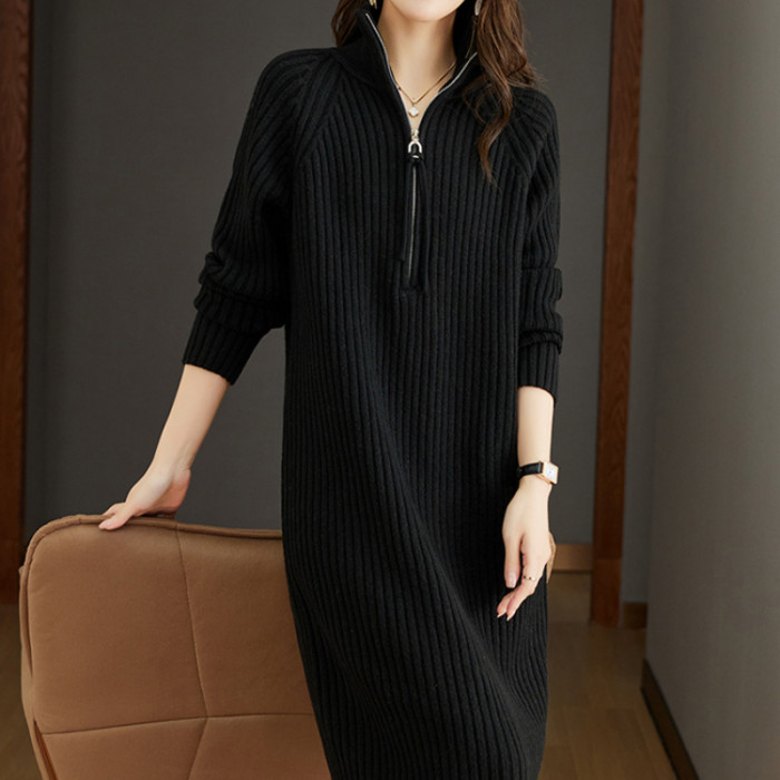 Solid Knitted Stand Collar Fashion Loose Thick Elegant  Sweater Dress