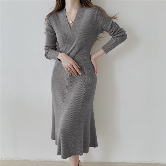 Solid V-Neck Sweater Knitted Vintage Bodycon Dresses Elegant Thick Warm  Midi Dress
