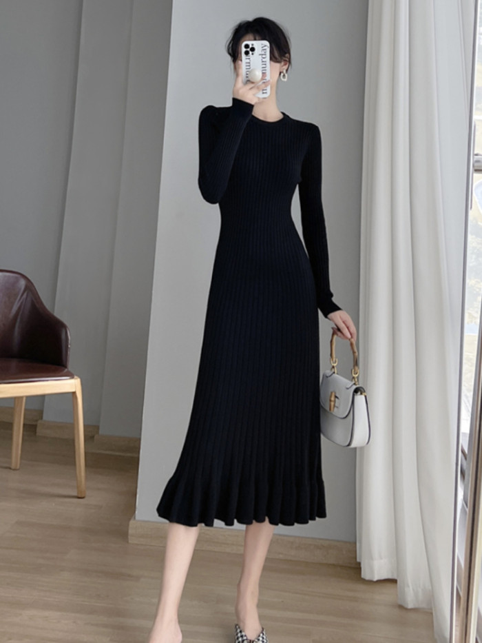 Thick Mermaid O-Neck Elegant Casuals A-line Slim Sexy Knitting Long Sweater Maxi Dress